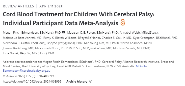 腦癱兒童臍帶血治療:個體參與者數據薈萃分析 腦癱兒童臍帶血治療:個體參與者數據薈萃分析