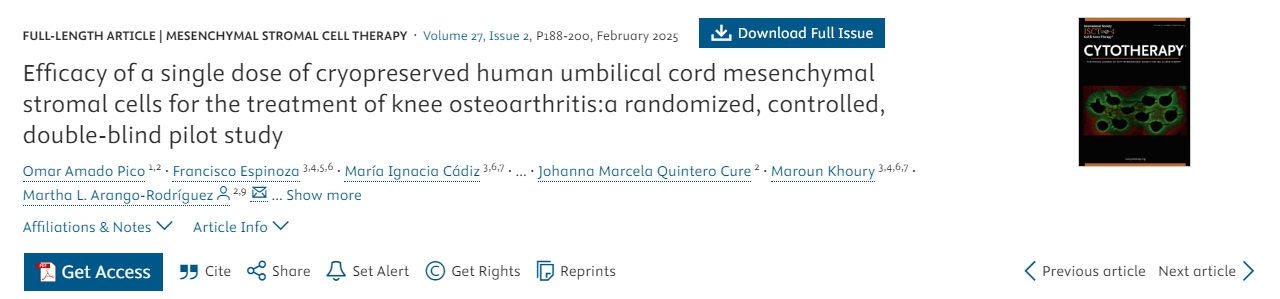 單劑量冷凍保存人臍帶間充質基質細胞治療膝骨關節炎的療效:一項隨機、對照、雙盲先導研究 單劑量冷凍保存人臍帶間充質基質細胞治療膝骨關節炎的療效:一項隨機、對照、雙盲先導研究