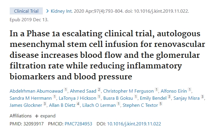 在Ia期升級臨床試驗中,自體間充質(zhì)干細胞輸注治療腎血管疾病可增加血流量和腎小球濾過率,同時降低炎癥生物標志物和血壓 在Ia期升級臨床試驗中,自體間充質(zhì)干細胞輸注治療腎血管疾病可增加血流量和腎小球濾過率,同時降低炎癥生物標志物和血壓