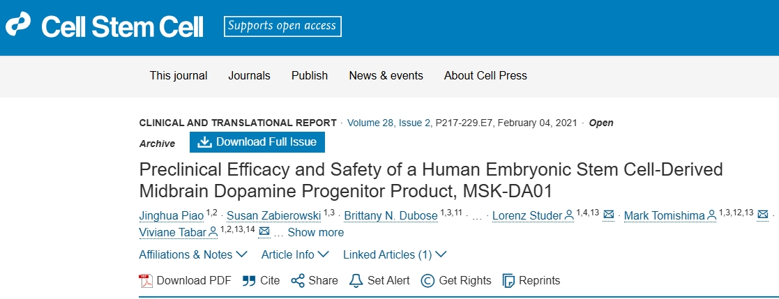 人類胚胎干細胞衍生的中腦多巴胺祖細胞產品MSK-DA01的臨床前療效和安全性 人類胚胎干細胞衍生的中腦多巴胺祖細胞產品MSK-DA01的臨床前療效和安全性