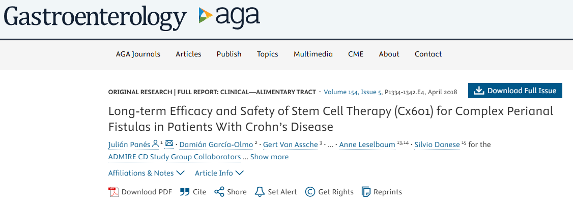 干細胞療法(Cx601)治療克羅恩病患者復雜性肛周瘺的長期療效和安全性 干細胞療法(Cx601)治療克羅恩病患者復雜性肛周瘺的長期療效和安全性