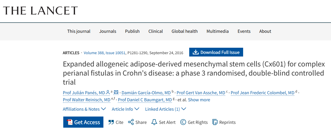 擴增同種異體脂肪間充質干細胞(Cx601)治療克羅恩病復雜肛周瘺:一項3期隨機雙盲對照試驗 擴增同種異體脂肪間充質干細胞(Cx601)治療克羅恩病復雜肛周瘺:一項3期隨機雙盲對照試驗