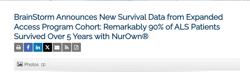 BrainStorm 公布擴展訪問計劃隊列的最新生存數據:90% 的 ALS 患者使用 NurOwn? 后存活超過 5 年 BrainStorm 公布擴展訪問計劃隊列的最新生存數據:90% 的 ALS 患者使用 NurOwn? 后存活超過 5 年