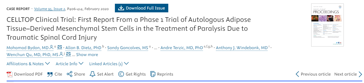 CELLTOP臨床試驗:自體脂肪組織來源的間充質(zhì)干細胞治療創(chuàng)傷性脊髓損傷所致癱瘓的1期臨床試驗首份報告 CELLTOP臨床試驗:自體脂肪組織來源的間充質(zhì)干細胞治療創(chuàng)傷性脊髓損傷所致癱瘓的1期臨床試驗首份報告