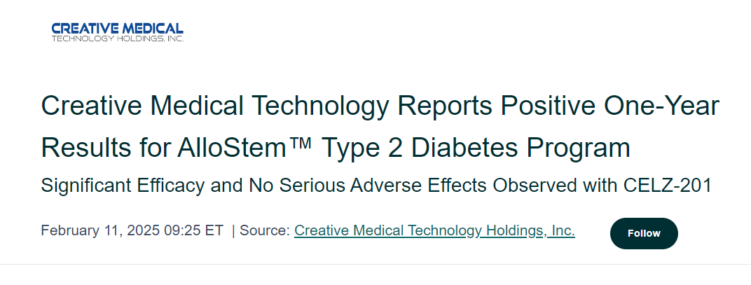 創新醫療技術公司報告AlloStem? 2型糖尿病項目一年來取得積極成果 CELZ-201 療效顯著,未觀察到嚴重不良反應 創新醫療技術公司報告AlloStem? 2型糖尿病項目一年來取得積極成果
CELZ-201 療效顯著,未觀察到嚴重不良反應