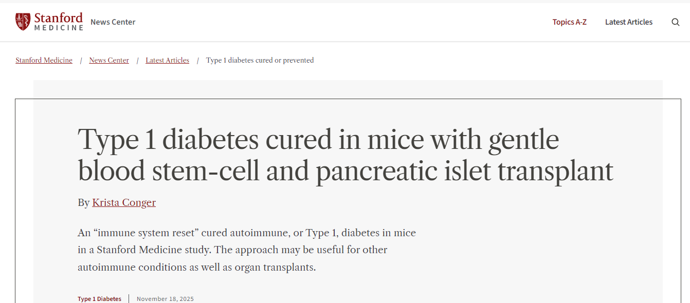 通過溫和的血液干細胞和胰島移植，小鼠的1型糖尿病得以治愈。