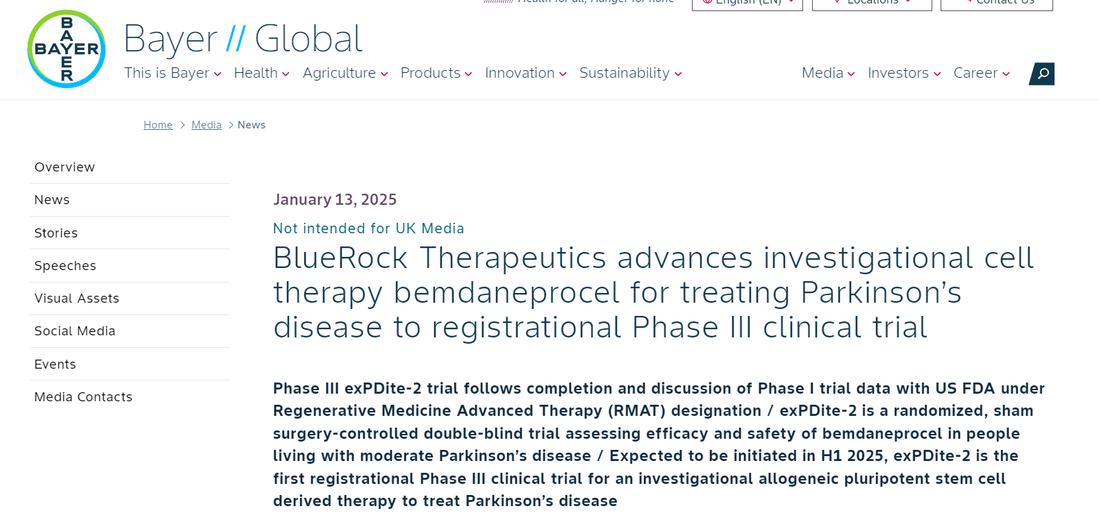 BlueRockTherapeutics推進其在研細胞療法bemdaneprocel用于治療帕金森病進入注冊川期臨床試驗階段