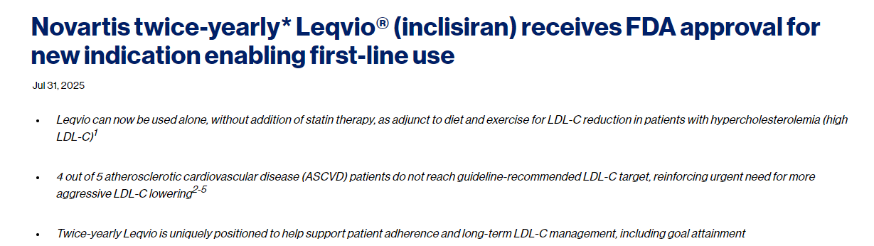 諾華公司每半年*推出的 Leqvio?(inclisiran)獲得 FDA 批準,用于新的適應癥,使其成為一線治療藥物。 諾華公司每半年*推出的 Leqvio?(inclisiran)獲得 FDA 批準,用于新的適應癥,使其成為一線治療藥物。