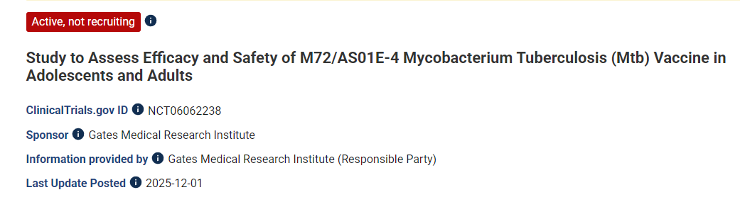 評估M72/AS01E-4結核分枝桿菌(Mtb)疫苗在青少年和成人中的有效性和安全性的研究 評估M72/AS01E-4結核分枝桿菌(Mtb)疫苗在青少年和成人中的有效性和安全性的研究